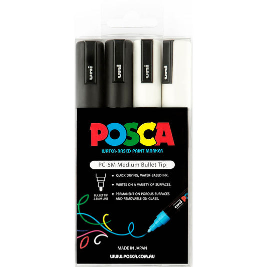 Posca 5M Medium Bullet - Pack of 4 Black White Default Title