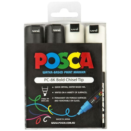 Posca 8K Bold Chisel - Pack of 4 Black White image 1